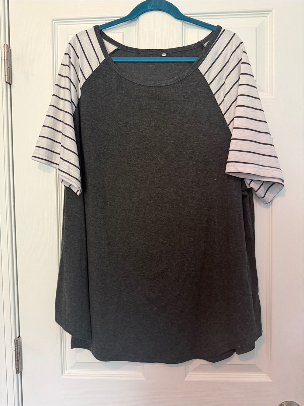 Women’s Charcoal Raglan Tee with White Striped Sleeves